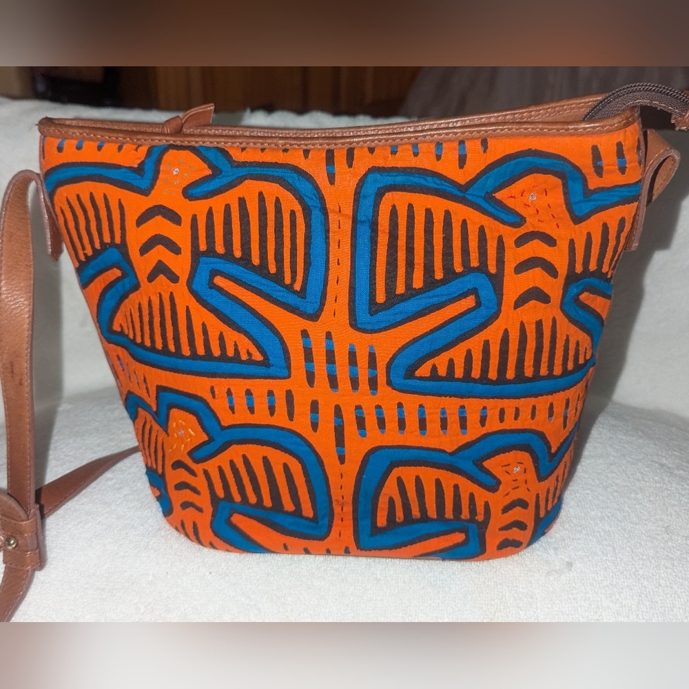 Vibrant Orange and Blue Mola Textile Bag With Leather Details.